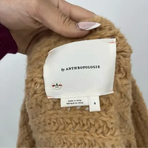 ANTHROPOLOGIE Rae Cropped Cardigan Tan Chunky Knit Sweater Oversized Size Small - Picture 10 of 11